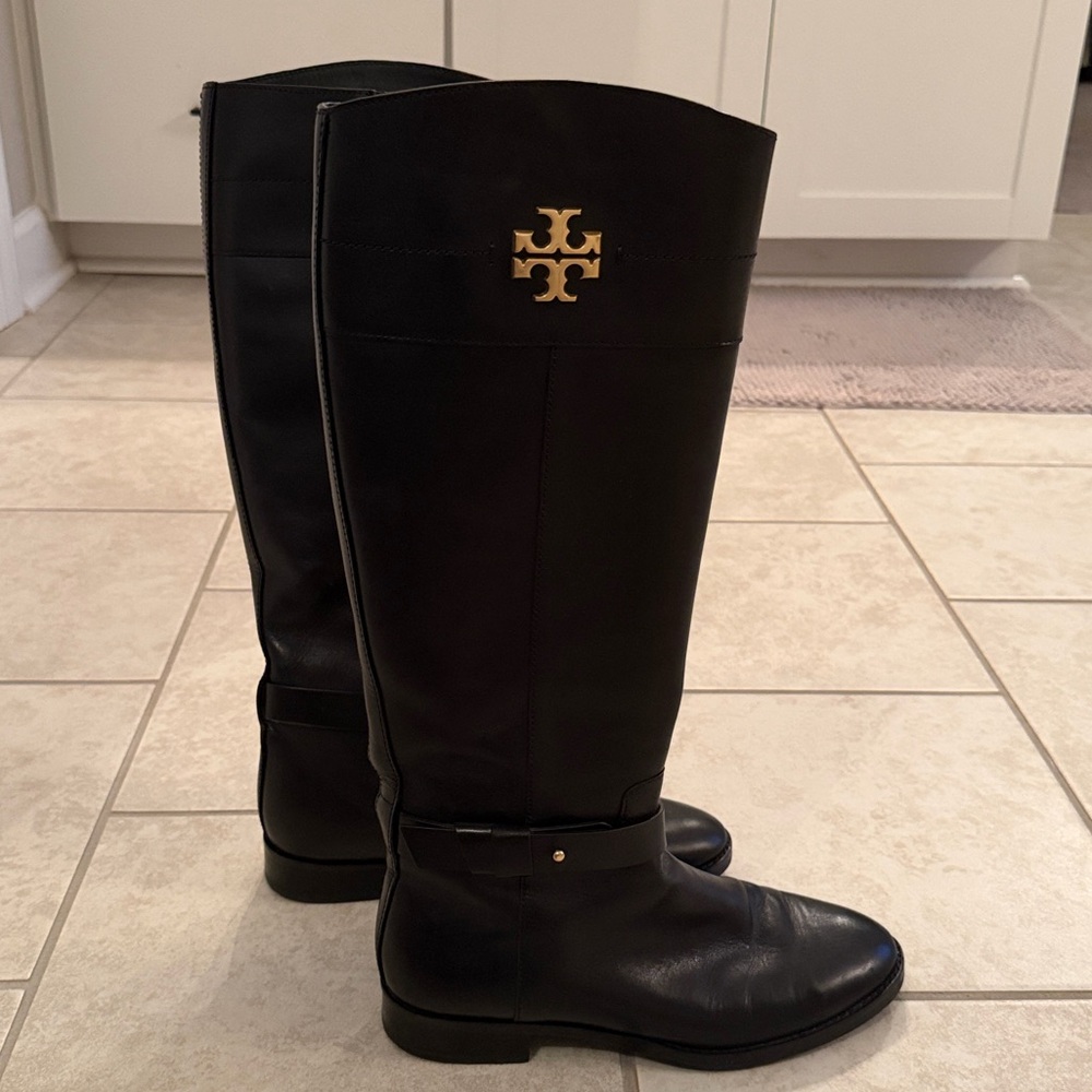 Tory Burch Black Leather Knee-High Boots with Gold Logo
